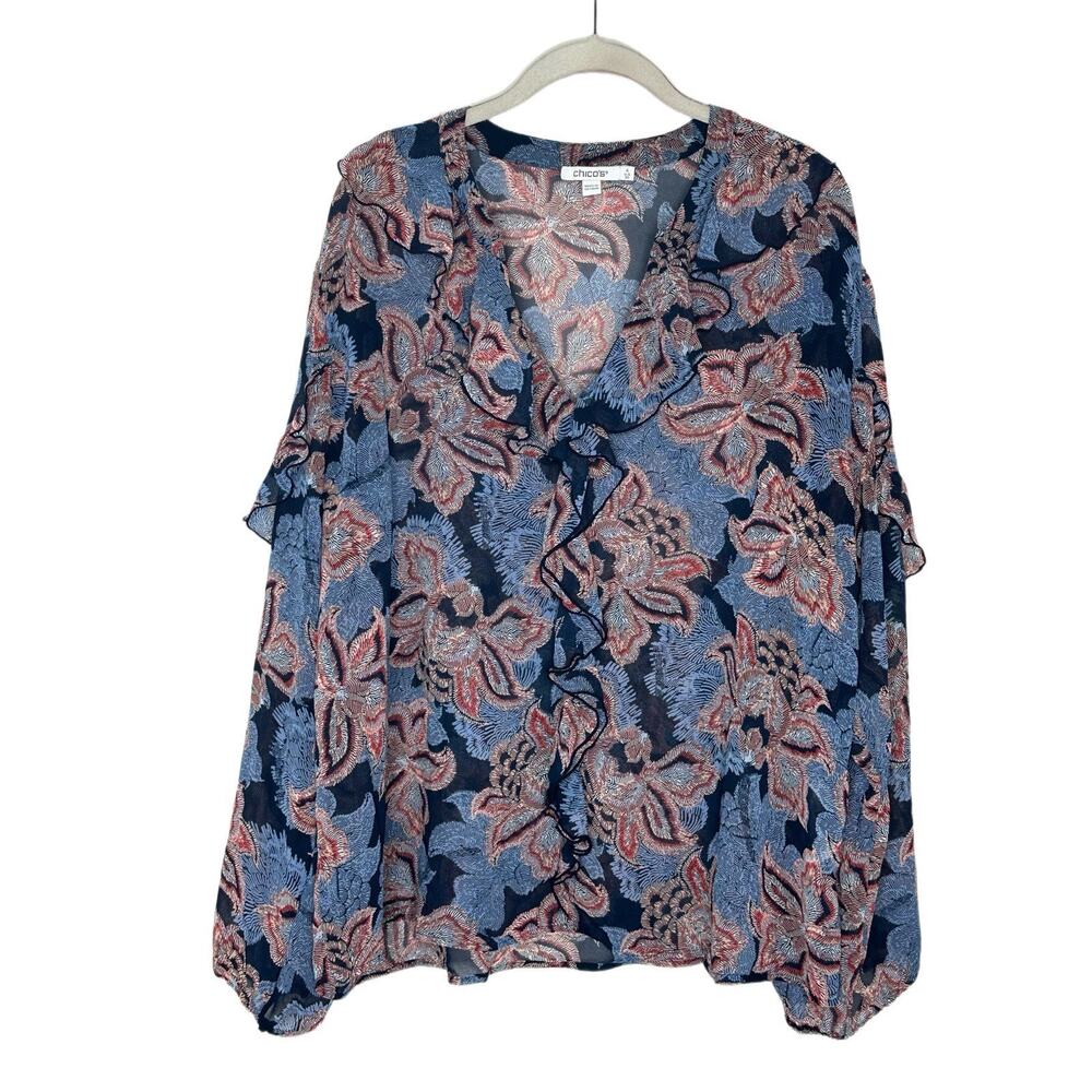 Chicos Women’s Blue Floral Ruffle Sheer Long Sleeve V Neck Blouse Size 4